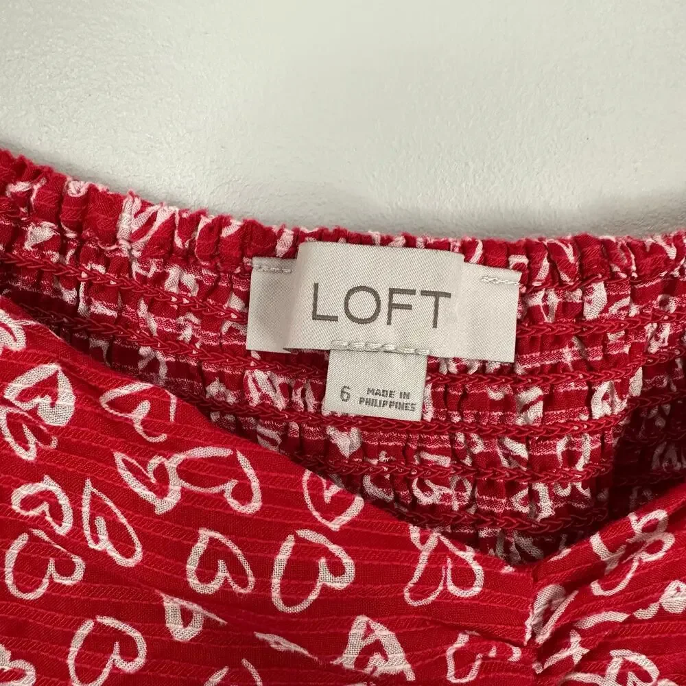 Loft Cotton Blend Heart Allover Print Peplum Blouse Balloon sleeve Size 6